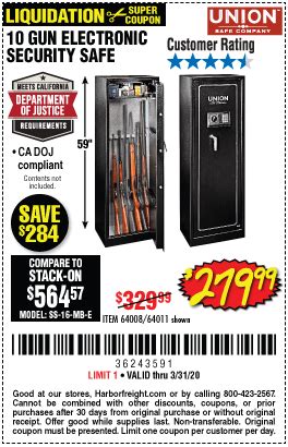 UNION SAFE COMPANY 10 Gun Electronic Security Safe for $279.99 – Harbor Freight Coupons