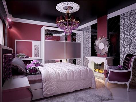 Amazing Teenage Girls Room Color Idea with White Bed, Dark Red Wall, Black White Wallpaper ...