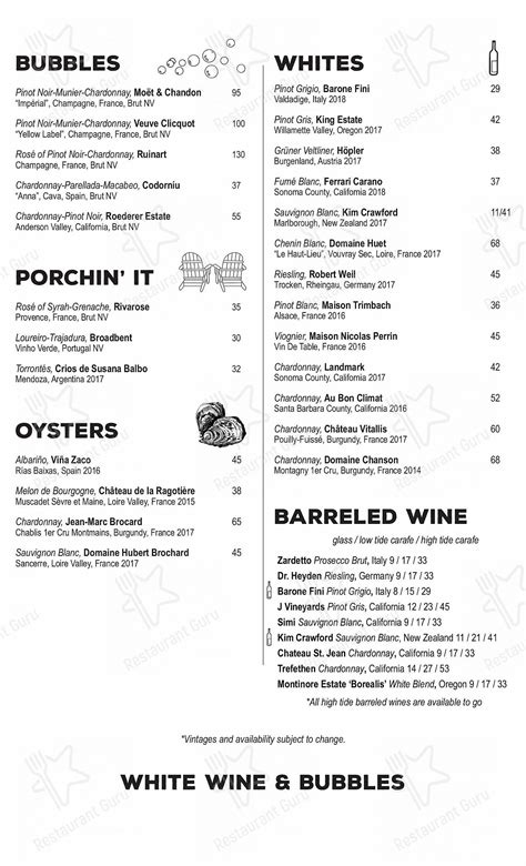 Menu at Hook & Barrel, Myrtle Beach