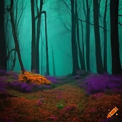 Magical forest with purple flowers and teal fog on Craiyon