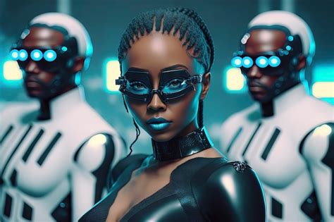 Premium Photo | Cyberpunk robots chasing beautiful black woman model with VR GLASSES