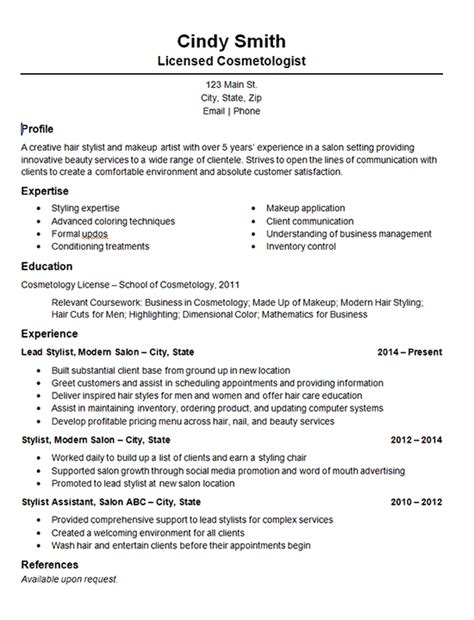 Cosmetology Salon Stylist Resume Example