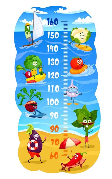 Premium Vector | Kids height chart with funny vegetables on beach