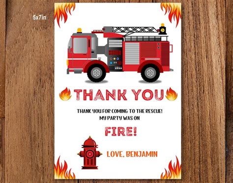 Fire Truck Thank You Card 5x7in 4x6in/ Printable Firefighter | Etsy