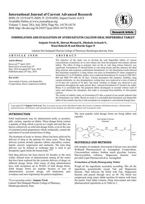 (PDF) FORMULATION AND EVALUATION OF ATORVASTATIN CALCIUM ORAL ...