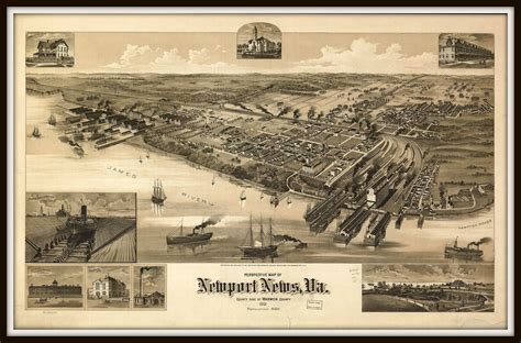 Newport News VA, Panoramic map, vintage map, vintage map art, vintage ...