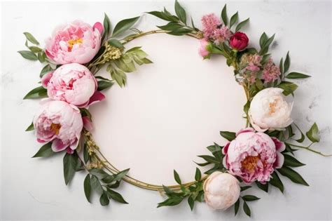 Premium AI Image | A wreath of peonies with green leaves on a white ...