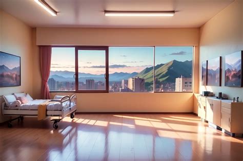 Premium AI Image | A hospital room with a view of a mountain and a ...