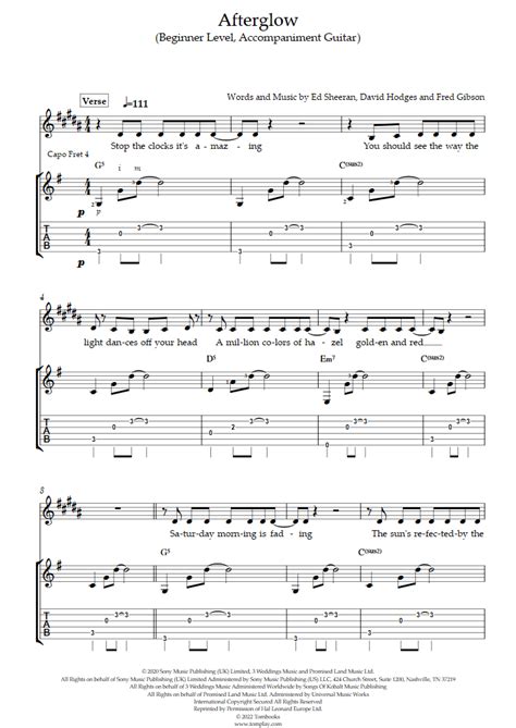 Afterglow (Beginner Level, Accompaniment Guitar) (Ed Sheeran) - Guitar Tabs and Sheet Music