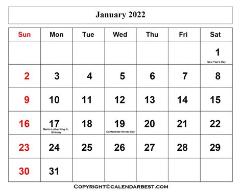 Free Printable January Calendar 2022 with Holidays