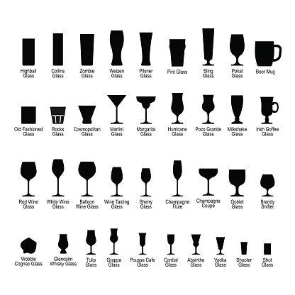 Bar glassware with names, black silhouette icons set, vector... | Bar ...