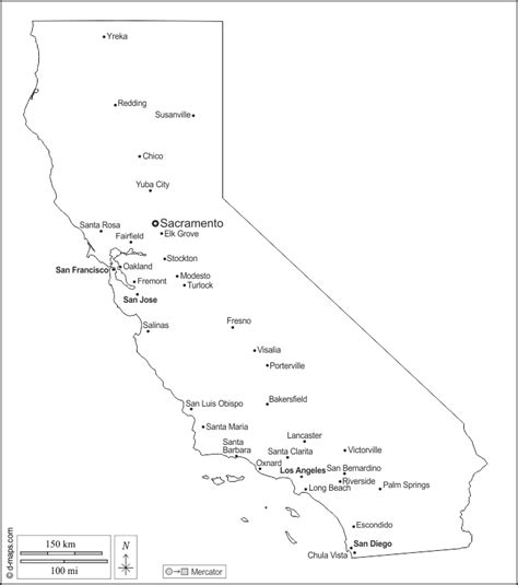 California free map, free blank map, free outline map, free base map outline, main cities, names ...