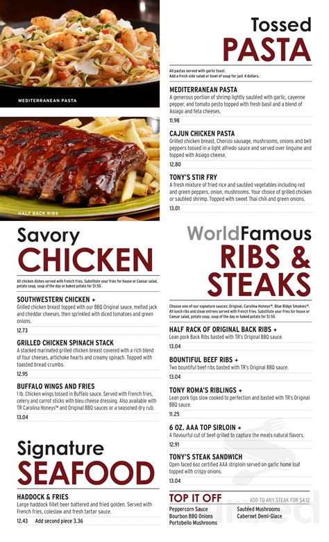 Tony Roma's menu in Edmonton, Alberta, Canada