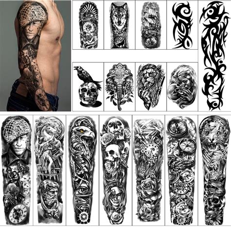 Full Arm Temporary Tattoos 8 Sheets and Half Arm Fake Tattoos 8 Sheets, Extra Large Tattoo ...