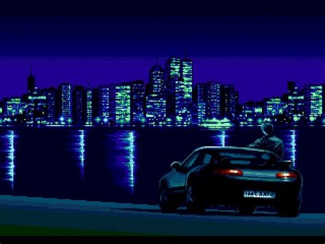 HD wallpaper: night, car, river, city, skyscraper, pixel art ...