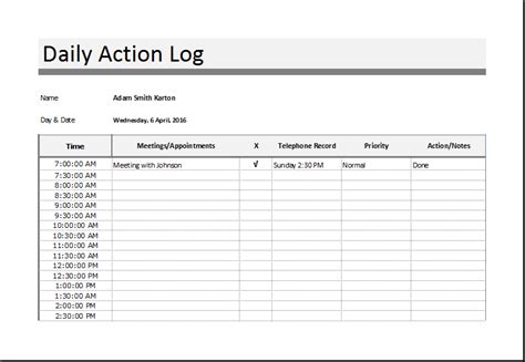 Action Log Template Excel