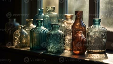 Old fashioned glassware collection on rustic wooden shelf generated by ...