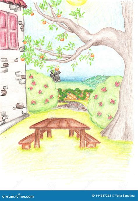 Pencil Drawing of Tree and House with the Small Garden Stock ...