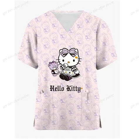 Hello Kitty Print Nurse Uniform Women Scrubs Pullover Short Sleeve ...