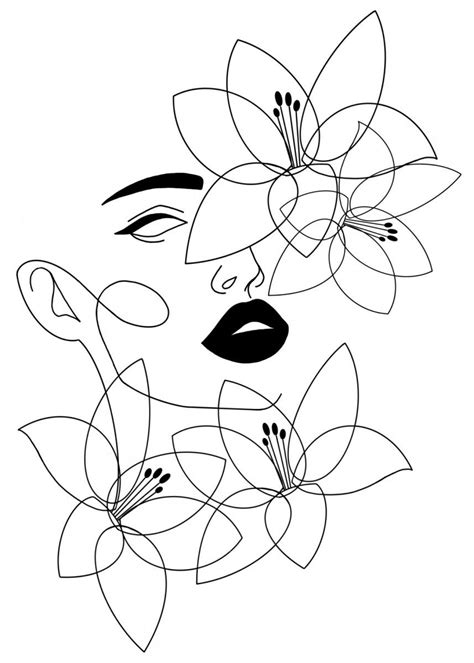 'Face In Flowers Line Art' Poster Print by Valeria Tsolova | Displate in 2020 | Line art ...