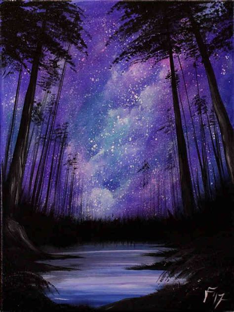 Starry Night in the Forest | Black canvas paintings, Nature paintings ...