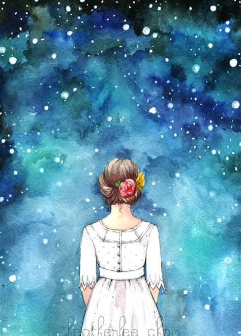 Starry Night Sky and Girl Watercolor Art Painting Print