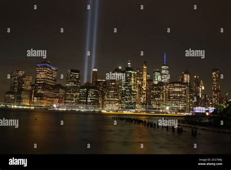 September 11th memorial and Tribute lights in New York City Stock Photo ...