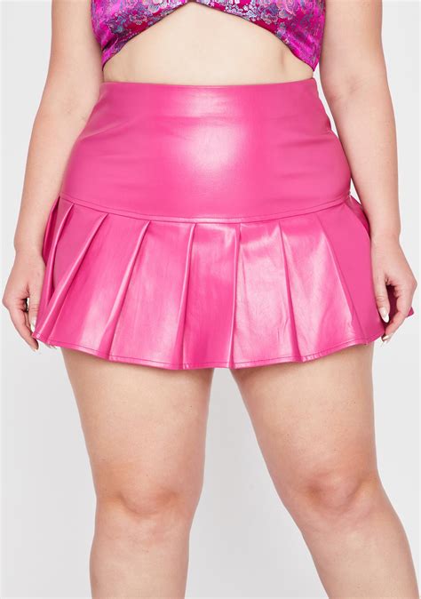 Plus Size High Waist Vegan Leather Mini Skirt Pleated Hem -Pink | Dolls Kill