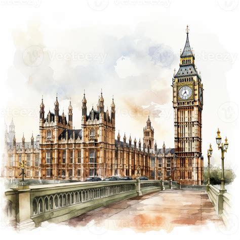 painting of a watercolor painting of a building with a clock tower ...