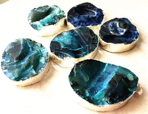 Large Blue Agate Druzy Geode Slice Pendants // Silver Agate | Etsy