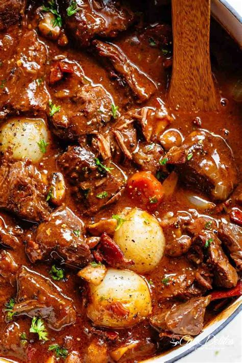 Tender fall apart chunks of beef simmered in a rich red wine gravy ...