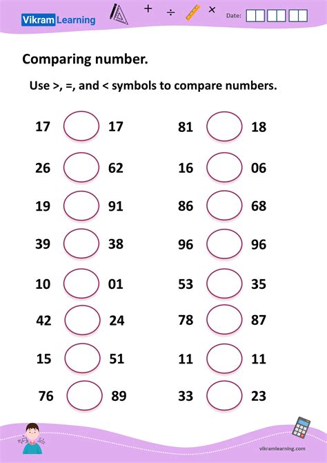 Download comparing numbers up to 100 worksheets for free | vikramlearning.com