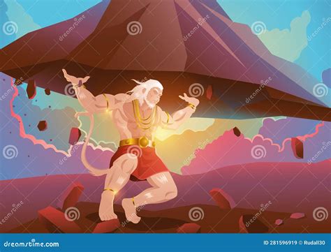 Hanuman Lifting Up Dronagiri Mountain Cartoon Vector | CartoonDealer.com #182935847