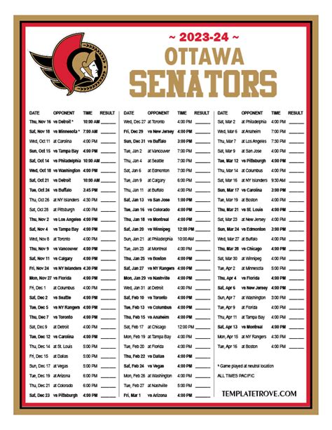 Printable 2023-2024 Ottawa Senators Schedule