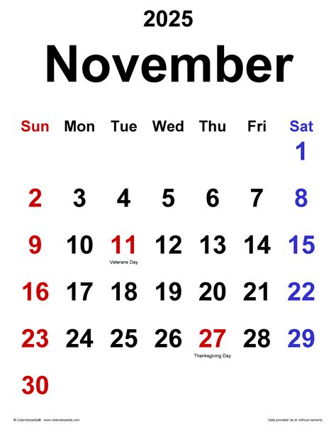 November 2025 Calendar | Templates for Word, Excel and PDF