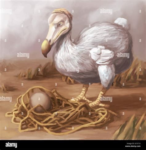 Illustration of a Dodo Bird (Raphus cucullatus) protecting it's egg. The Dodo Bird has been ...