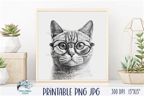 Cat With Glasses Drawing Printable, Cute Cat Face JPG, Black and White Printable Animal for ...