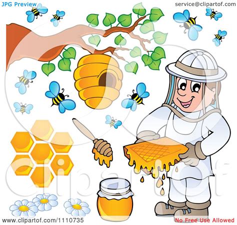 Clipart Bee Keeper With Honey Combs Jar Stick Hive And Bees - Royalty ...