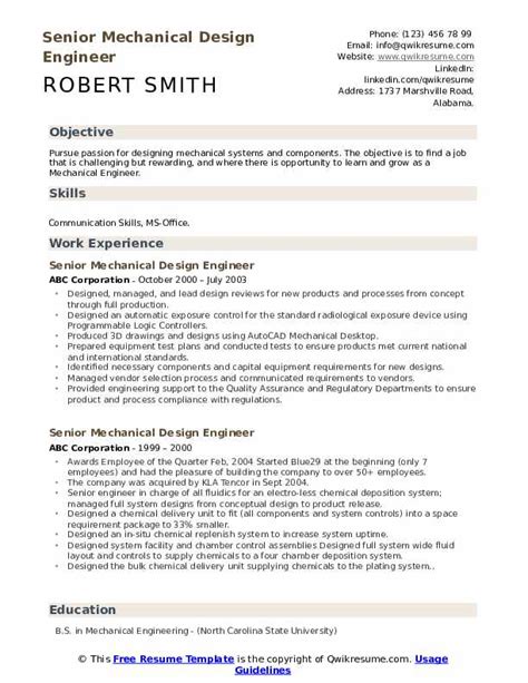 Senior Mechanical Design Engineer Resume Samples | QwikResume