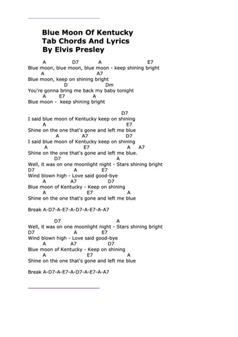 Blue Moon Of Kentucky - Tab Chords And Lyrics - Elvis Presley printable pdf download