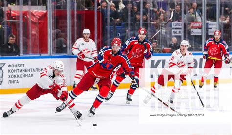 RUSSIA, MOSCOW - NOVEMBER 11, 2022: HC Spartak Moscow s Yegor Savikov, HC CSKA Moscow s Mikhail