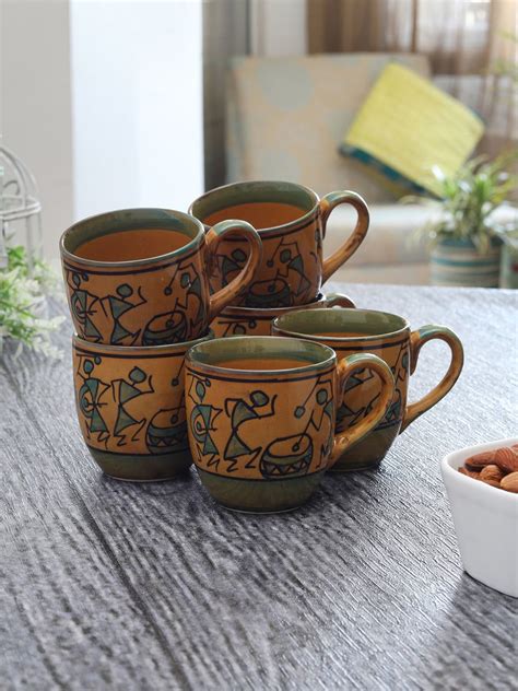 Warli Hand-Painted Ceramic Coffee Mugs Cum Serving Chai Tea Cups Set ...