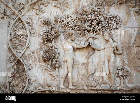 Adam and Eve. The Original Sin. Early Renaissance relief by Italian ...