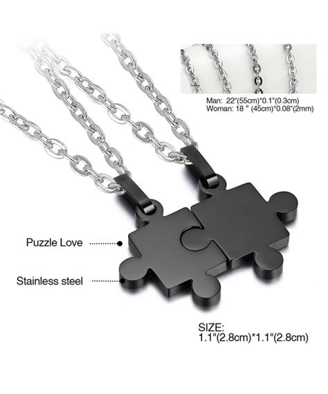 2 Pieces Stainless Steel Puzzle Matching Pendant Couple Necklace Set with 18" & 22" Chain Black ...