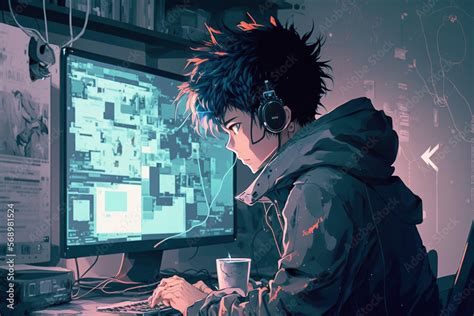 anime character is coding Stock Illustration | Adobe Stock