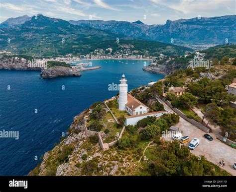 Beautiful aerial view of the lighthouse near harbour of Port de Soller ...