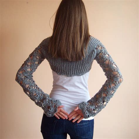 Grey Crochet Long Sleeves Shrug Bolero Wedding by KnittedSmiles