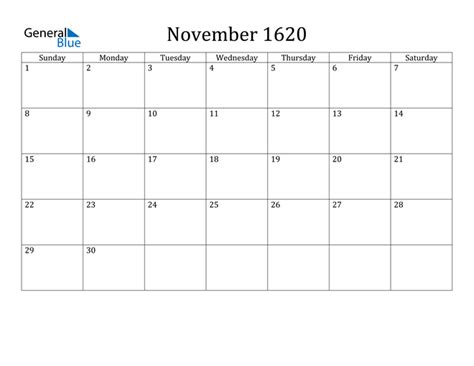 November 1620 Calendar (PDF Word Excel)