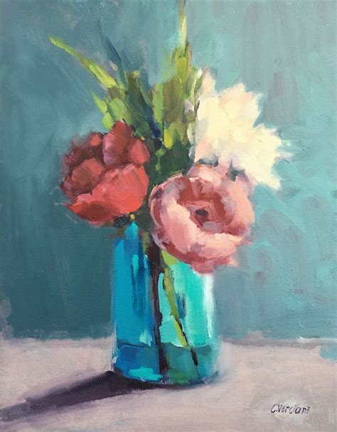Still Life on a Blue Vase (2018) Oil painting by Claudia Verciani in 2022 | Flowers in vase ...