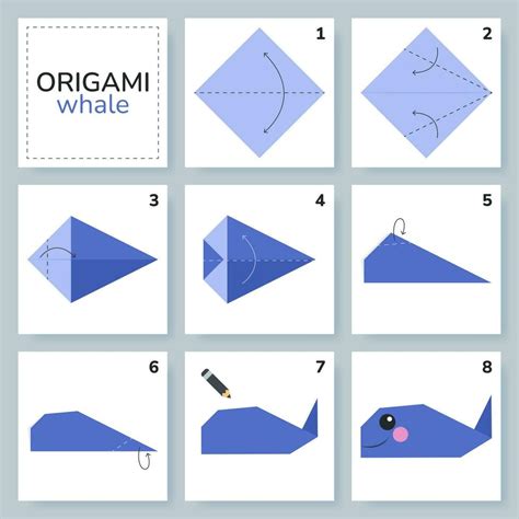 Whale origami scheme tutorial moving model. Origami for kids. Step by step how to make a cute ...